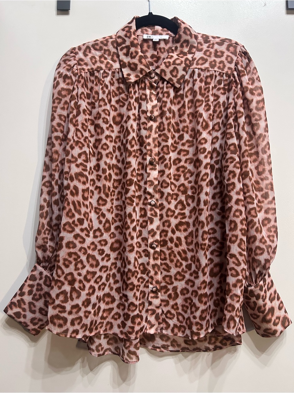 DR2 Pink and Brown Leopard Print Button-Up Blouse